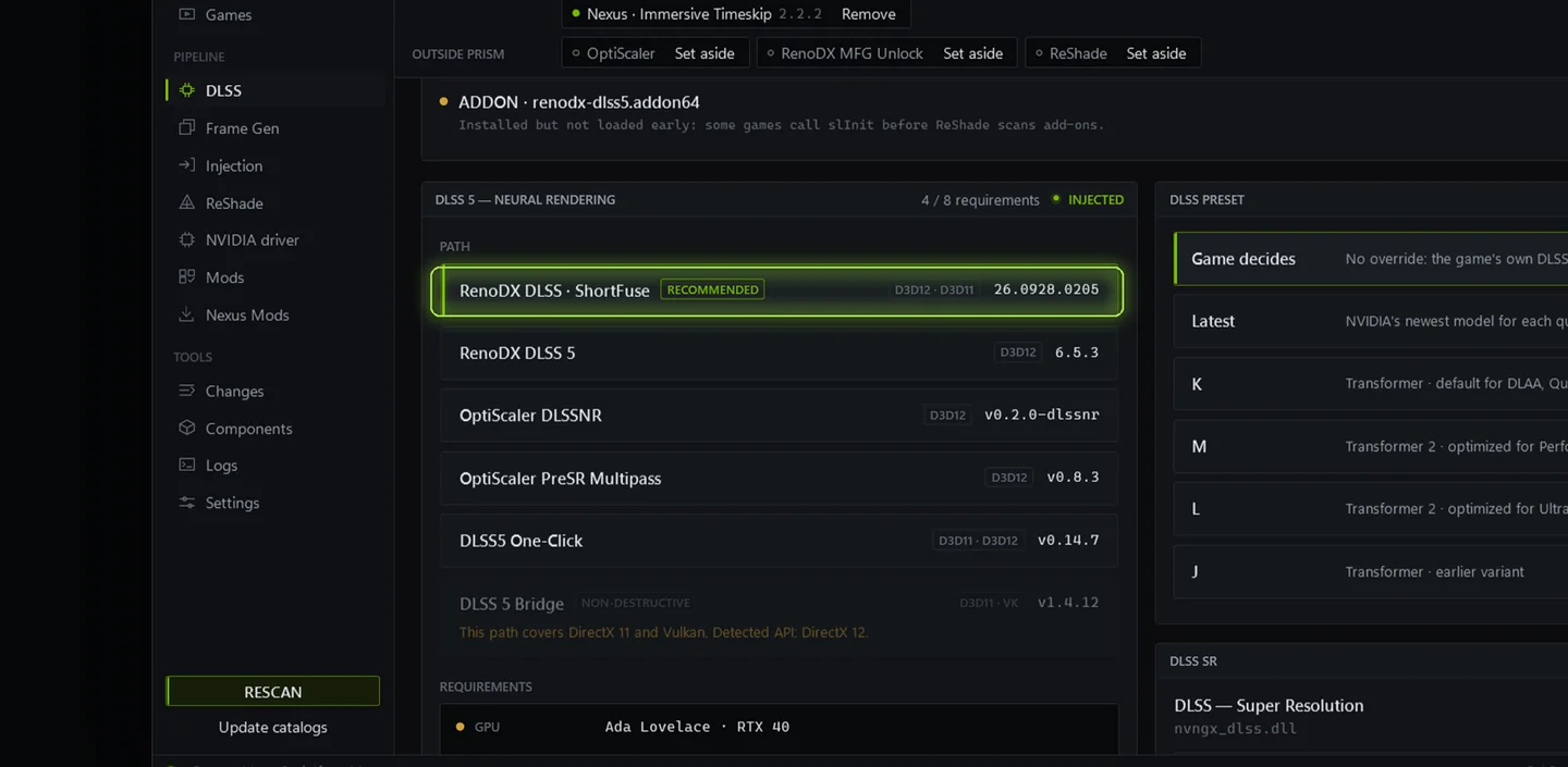 DLSS 5 page in Prism with the recommended path highlighted