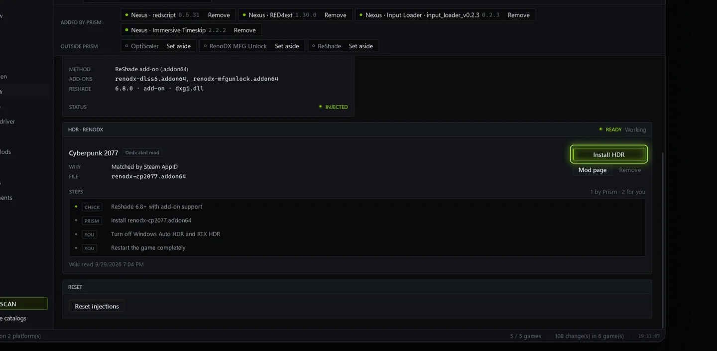 RenoDX HDR panel matched by Steam AppID