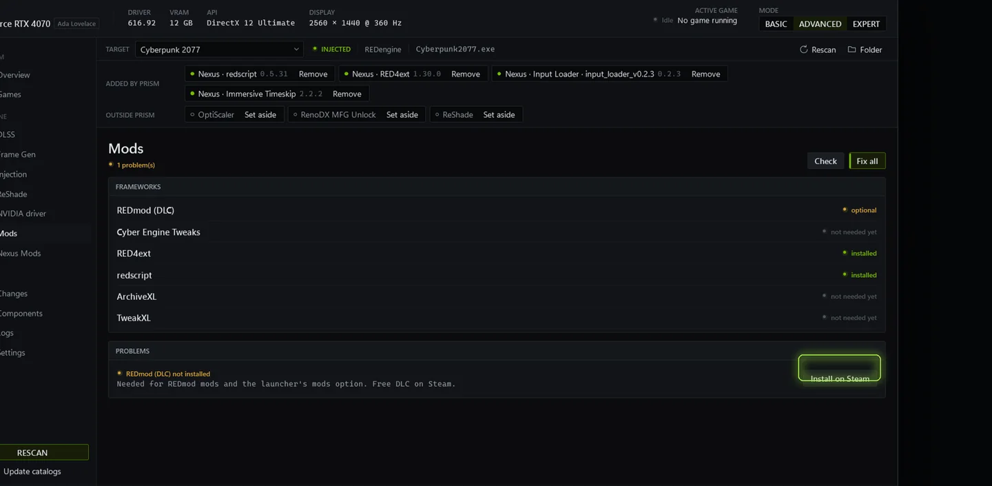Mods page showing frameworks and a problem with its fix button
