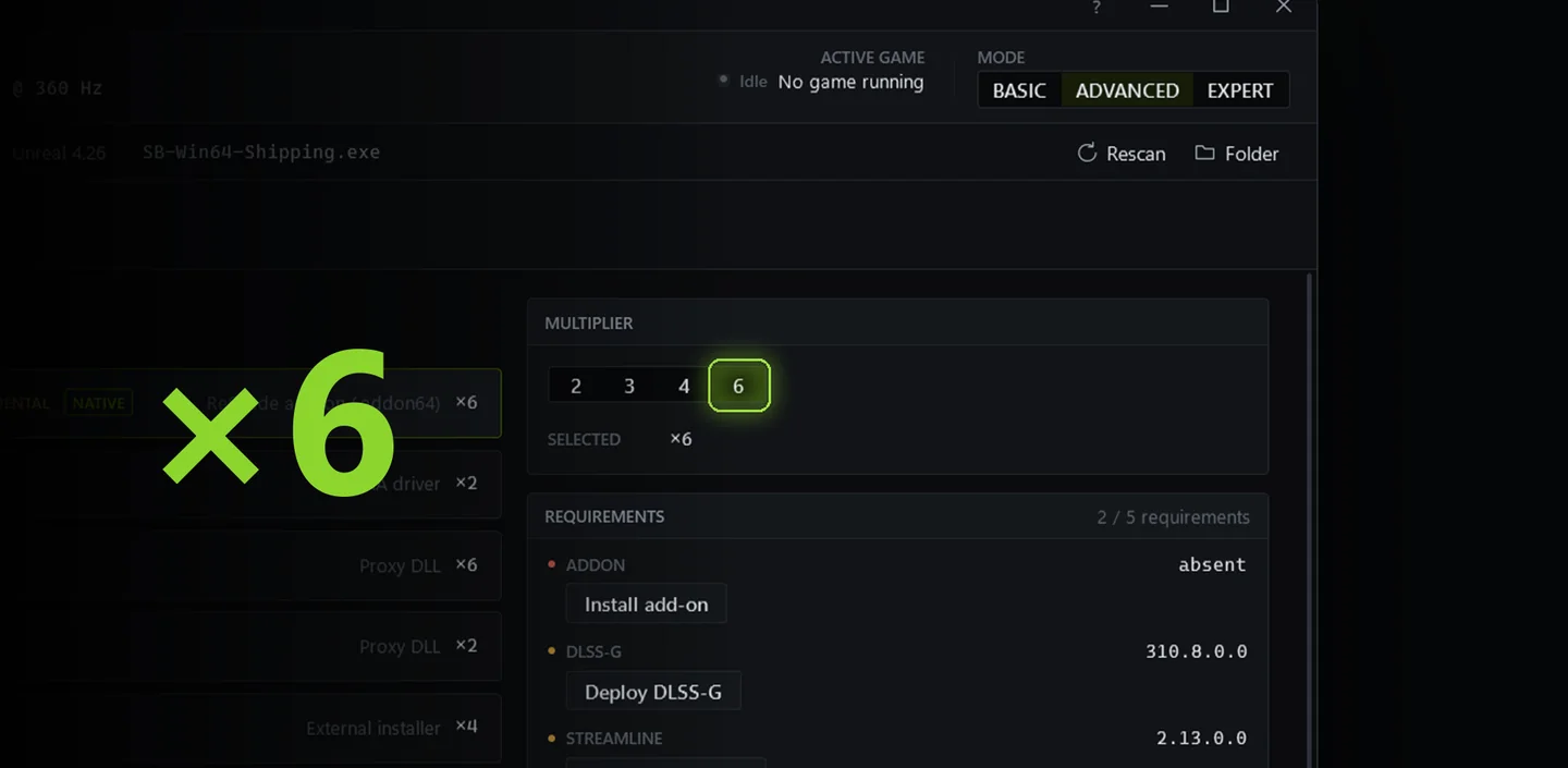 Frame Generation page with the ×6 multiplier selected