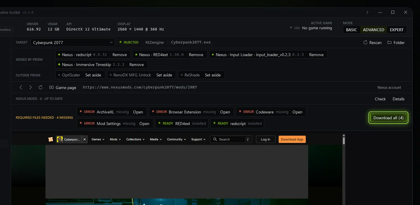 Nexus Mods page in Prism listing missing requirements with a Download all button