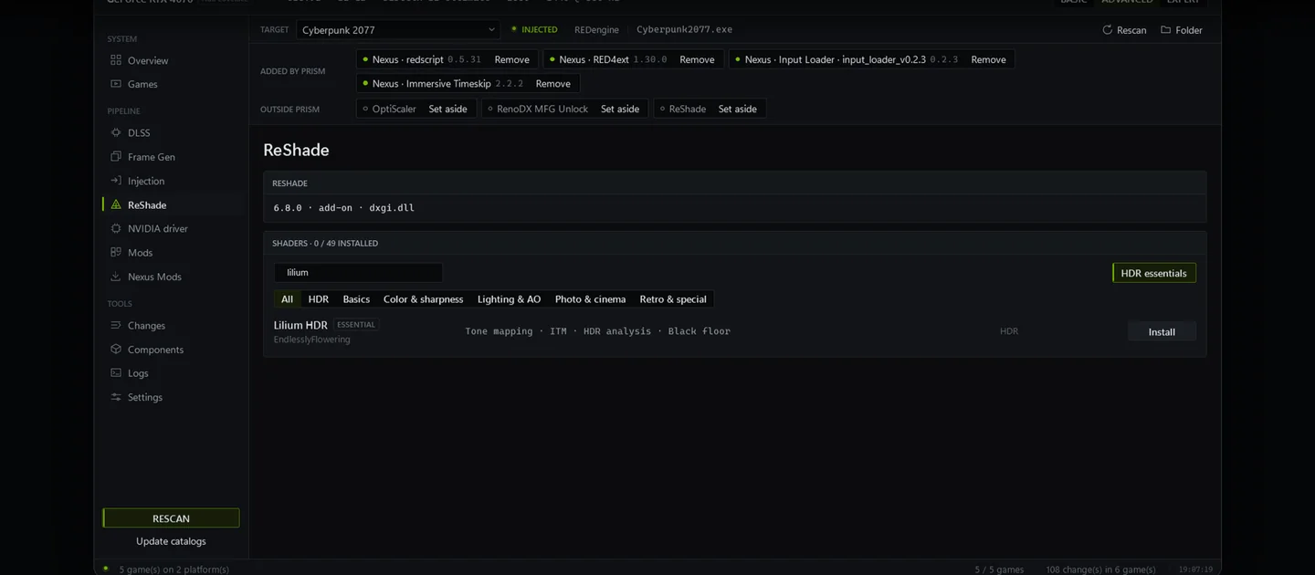 ReShade page with the shader library