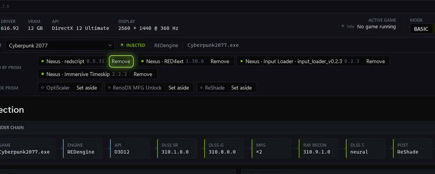 Added by Prism strip with a Remove button on each install